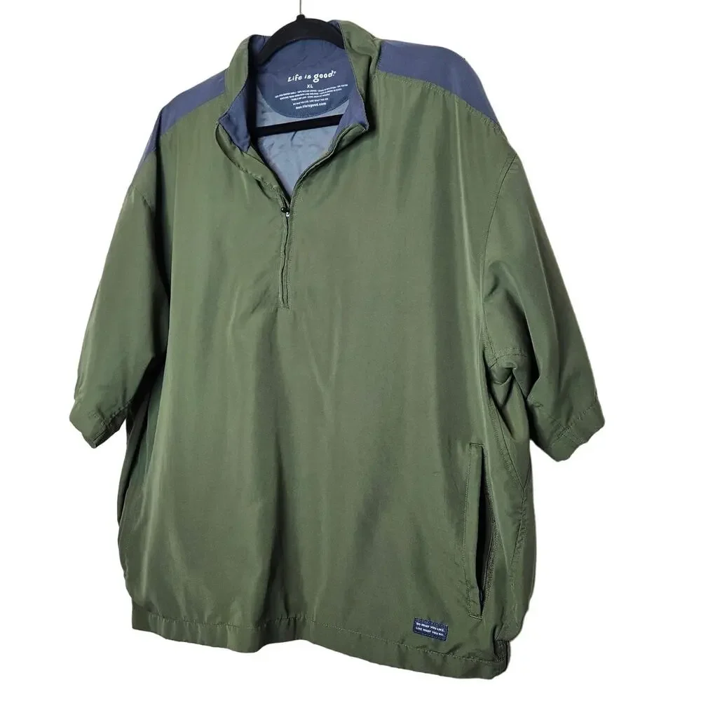 Life Is Good Green Grey Windbreaker Golfer shirt sleeved Pullover sz XL